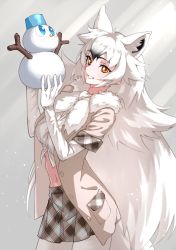 Rule 34 | 1girl, absurdres, animal ears, arctic wolf (kemono friends), black hair, elbow gloves, extra ears, gloves, grey jacket, grey skirt, highres, jacket, kemono friends, long hair, looking at viewer, midriff, multicolored hair, navel, open clothes, open jacket, pantyhose, plaid, plaid skirt, plaid trim, pleated skirt, shirt, skirt, snowman, solo, tail, tanabe (fueisei), white gloves, white hair, white pantyhose, white shirt, wolf ears, wolf girl, wolf tail, yellow eyes