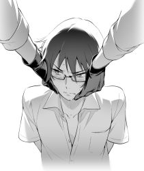 Rule 34 | 10s, 1boy, arms behind back, blush, boku dake ga inai machi, collarbone, fujinuma satoru, glasses, gloves, greyscale, hands on another&#039;s face, jumping dogeza, long sleeves, looking away, male focus, monochrome, short sleeves, simple background, sleeves rolled up, solo focus, sweat, wavy mouth, white background, yashiro gaku