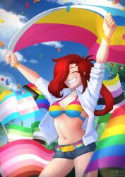 Rule 34 | 1girl, absurdres, aromantic flag, belt, bikini, bikini top only, bikini under clothes, breasts, closed eyes, commentary, confetti, contrapposto, english commentary, evil trevo, flag, grin, hair over one eye, highres, holding, holding flag, lesbian flag, lgbt pride, medium breasts, non-binary flag, open clothes, open shirt, original, pansexual flag, ponytail, progress pride flag, rainbow flag, red hair, shirt, short shorts, shorts, smile, solo, strap gap, striped belt, striped bikini, striped clothes, swimsuit, transgender flag, tree, white shirt