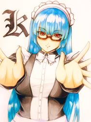 Rule 34 | 1girl, alternate costume, apron, blue hair, bow, bowtie, breasts, closed mouth, enmaided, glasses, graphite (medium), hime cut, kula diamond, long hair, maid, maid apron, maid headdress, medium breasts, outstretched arms, outstretched hand, reaching, reaching towards viewer, red-framed eyewear, red eyes, smile, solo, tagatamest, the king of fighters, traditional media, unconventional maid, white bow, white bowtie