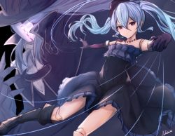 Rule 34 | 1boy, 1girl, alisia0812, black dress, black footwear, black hat, blue hair, boots, dress, elbow gloves, floating hair, gloves, granblue fantasy, hair between eyes, hat, jewelry, knee boots, long hair, looking at viewer, mask, necklace, orchis, purple gloves, red eyes, short dress, signature, sleeveless, sleeveless dress, strapless, strapless dress, string, very long hair