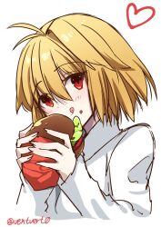 1girl :q arcueid_brunestud artist_name blonde_hair burger commentary_request dot_nose food food_on_face heart highres holding holding_burger holding_food lettuce red_eyes short_hair simple_background solo sweater tongue tongue_out tsukihime twitter_username vent_vert_(kuuya) white_background white_sweater