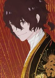 Rule 34 | 1boy, bandaged neck, bandages, black jacket, brown hair, bungou stray dogs, chinese commentary, closed mouth, commentary request, dazai osamu (bungou stray dogs), eyelashes, floral print, flower, grey eyes, hair between eyes, haori, jacket, japanese clothes, looking at viewer, male focus, red background, sanshui guantang, short hair, short ponytail, simple background, smile, solo, spider lily, upper body