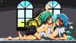 Rule 34 | 2girls, all fours, antenna hair, antennae, bare shoulders, barefoot, bloomers, blue hair, blush, butterfly wings, buttons, cirno, eternity larva, highres, huxiao (mistlakefront), ice, ice wings, indoors, insect wings, leg up, looking away, lying, multiple girls, navel, on bed, open mouth, pillow, shadow, shirt, short hair, topless, touhou, unbuttoned, unbuttoned shirt, underwear, white shirt, window, wings, yellow eyes, yuri