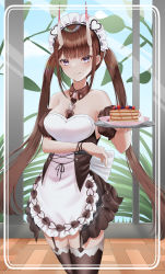 Rule 34 | 1girl, absurdres, azur lane, barefoot, between breasts, black skirt, blunt bangs, breasts, brown hair, closed mouth, commentary request, cowboy shot, cross-laced clothes, detached collar, detached sleeves, food, framed, frilled skirt, frills, garter straps, heart, highres, holding, holding plate, horns, konparu uran, leaf, long sleeves, looking back, maid, maid headdress, medium breasts, noshiro (azur lane), noshiro (hold the ice) (azur lane), official alternate costume, oni horns, pancake, petite, plate, purple eyes, sidelocks, skirt, smile, solo, standing, thighhighs, twintails