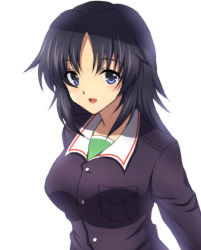 Rule 34 | 1girl, bad id, bad twitter id, black hair, blue eyes, blue jacket, commentary, girls und panzer, green shirt, jacket, long hair, long sleeves, looking at viewer, military, military uniform, nanjou satoshi, one-hour drawing challenge, ooarai military uniform, open mouth, shirt, simple background, smile, solo, uniform, upper body, white background, yamagou ayumi