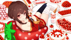 Rule 34 | 1girl, bandaged leg, bandages, bare shoulders, black thighhighs, blush, breasts, brown hair, cake, candy, cleavage, commentary request, cup, cushion, downblouse, dress, food, from above, fruit, gibun (sozoshu), highres, holding, holding cup, holding food, holding fruit, holding spoon, ice cream, ice cream cone, kono subarashii sekai ni shukufuku wo!, long sleeves, looking at viewer, medium hair, megumin, no bra, off-shoulder dress, off shoulder, plate, red dress, red eyes, revision, sidelocks, single thighhigh, small breasts, solo, spoon, strawberry, strawberry shortcake, sweets, thighhighs
