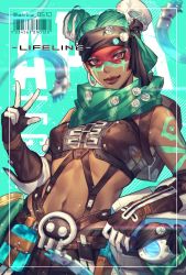 Rule 34 | 1girl, alternate costume, alternate hair color, animification, apex legends, bandana, bare shoulders, breasts, brown eyes, brown gloves, brown lips, character name, closed mouth, commentary request, dark-skinned female, dark skin, double bun, drone, earrings, eyelashes, facepaint, gloves, green hair, green scarf, hair bun, hair ornament, highres, jewelry, leaning to the side, lifeline (apex legends), lips, looking at viewer, mizutama (mao11260510), navel, nose, pirate queen lifeline, scarf, short hair, shoulder tattoo, skull hair ornament, small breasts, solo, stomach, strapless, suspenders, tattoo, tube top, twitter username, w
