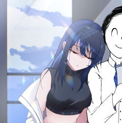 Rule 34 | 1boy, 1girl, bare shoulders, black shirt, blue archive, blue hair, blue sky, closed eyes, commentary request, crop top, day, doodle sensei (blue archive), highres, long hair, midriff, no headwear, off shoulder, saori (blue archive), sensei (blue archive), shirt, sky, sleeveless, sleeveless shirt, upper body, yakuyaku
