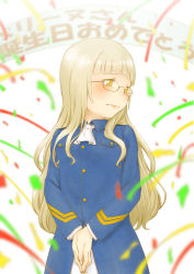 Rule 34 | 1girl, blonde hair, glasses, happy birthday, highres, kuro ari (pixiv), long hair, perrine h. clostermann, solo, strike witches, translated, world witches series, yellow eyes