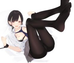 Rule 34 | 1girl, ama mitsuki, bdsm, black bra, black hair, black pantyhose, blue necktie, bound, bound arms, bra, bra lift, bra pull, breasts, brown hair, clothes pull, collared shirt, commentary, dress shirt, foreshortening, grey skirt, gusset, hands up, heavy breathing, highres, legs up, long hair, looking at viewer, medium breasts, necktie, nipples, no shoes, open clothes, open mouth, open shirt, original, panties, panties under pantyhose, pantyhose, pleated skirt, school uniform, shirt, simple background, skirt, soles, solo, symbol-only commentary, teeth, thighs, underwear, upper teeth only