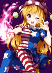 Rule 34 | 1girl, ;d, american flag dress, american flag legwear, blonde hair, blue dress, blue pantyhose, blush, breasts, clownpiece, commentary request, dress, feet out of frame, hand up, hat, highres, holding, holding torch, invisible chair, jester cap, long hair, looking at viewer, medium breasts, neck ruff, no shoes, one eye closed, open mouth, pantyhose, polka dot, polka dot headwear, purple background, purple eyes, red dress, red pantyhose, ruu (tksymkw), short dress, short sleeves, simple background, sitting, smile, solo, star (symbol), star print, striped clothes, striped dress, striped pantyhose, torch, touhou, very long hair, w, white dress, white pantyhose