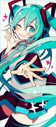 Rule 34 | + +, 1girl, 4 (nakajima4423), ;), anniversary, blue border, blue hair, blue necktie, blush, border, detached sleeves, floating hair, grey shirt, hatsune miku, head tilt, long hair, looking at viewer, necktie, one eye closed, outside border, outstretched hand, shirt, simple background, skirt, smile, solo, sparkle, thighhighs, thighs, very long hair, vocaloid, white background
