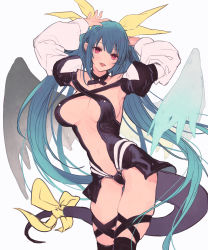 Rule 34 | 1girl, :d, angel wings, armpits, arms behind head, arms up, asymmetrical wings, bare shoulders, black thighhighs, blue hair, blush, breasts, center opening, choker, dancing, dizzy (guilty gear), guilty gear, guilty gear x, guilty gear xx, hair ribbon, hair rings, highres, large breasts, long hair, looking at viewer, me!me!me! dance (meme), meme, monster girl, navel, open mouth, oro (sumakaita), red eyes, ribbon, simple background, smile, solo, stomach, tail, tail ornament, tail ribbon, thighhighs, thighs, twintails, white background, wings, yellow ribbon
