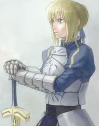 Rule 34 | 1girl, ahoge, armor, artoria pendragon (all), artoria pendragon (fate), bad id, bad pixiv id, blonde hair, excalibur (fate/stay night), fate/stay night, fate (series), gauntlets, green eyes, mukuo, saber (fate), solo, sword, weapon