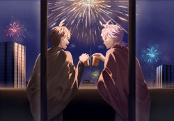 Rule 34 | 2boys, aerial fireworks, ahoge, alternate costume, alternate hairstyle, can, commentary request, cup, danganronpa (series), danganronpa 2: goodbye despair, closed eyes, facing another, fireworks, from behind, grey hair, hand up, hinata hajime, holding, holding can, japanese clothes, kimono, komaeda nagito, looking at another, male focus, medium hair, meipoi, multiple boys, night, night sky, open mouth, outdoors, profile, short hair, short ponytail, sky, smile, star (sky), starry sky, upper body