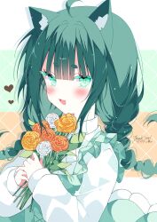 Rule 34 | 1girl, :3, :d, ahoge, animal ears, braid, cat ears, cat girl, character request, commission, dress, fang, flower, green dress, green eyes, green hair, highres, holding, holding flower, indie virtual youtuber, looking at viewer, open mouth, parted bangs, skeb commission, skin fang, smile, suisei 1121, twin braids, upper body, virtual youtuber