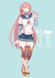 Rule 34 | 1girl, akashi (kancolle), blue background, blue sailor collar, blue skirt, brown thighhighs, commentary request, crossed legs, full body, green eyes, hair ribbon, hammer, highres, hip vent, kantai collection, long hair, long sleeves, open mouth, pink hair, pleated skirt, ribbon, sailor collar, school uniform, serafuku, simple background, skirt, smile, solo, standing, thighhighs, tress ribbon, wrench, yuuji (and)