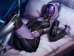 Rule 34 | 1girl, alien, black bodysuit, bodysuit, commentary, english commentary, fewer digits, grabbing, helmet, hood, hood up, lying, mass effect (series), mass effect 3, on bed, paid reward available, pillow, quarian, signature, solo, tali&#039;zorah, themaestronoob, watermark, web address