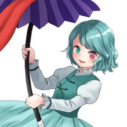 Rule 34 | 1girl, :d, aqua eyes, blue hair, blue skirt, blue vest, commentary request, cross-laced clothes, heterochromia, highres, holding, holding umbrella, juliet sleeves, karakasa obake, kyabekko, long sleeves, looking at viewer, one-hour drawing challenge, open mouth, puffy sleeves, purple umbrella, red eyes, shirt, short hair, simple background, skirt, smile, solo, tatara kogasa, tongue, touhou, umbrella, variant set, vest, white background, white shirt