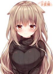 Rule 34 | 1girl, black sweater, blush, breasts, brown eyes, brown hair, character name, closed mouth, hair flaps, half-closed eyes, large breasts, light smile, long hair, nogi takayoshi, original, ribbed sweater, sidelocks, simple background, solo, sweater, upper body, v arms, white background