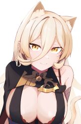 Rule 34 | 1girl, :&gt;, absurdres, animal ear fluff, animal ears, black cape, blonde hair, breasts, cape, cat ears, cat girl, cat tail, cleavage, closed mouth, eyelashes, hair between eyes, highres, large breasts, long hair, looking at viewer, nijisanji, nui sociere, nui sociere (1st costume), revealing clothes, senmon gakusei, simple background, single bare shoulder, slit pupils, solo, tail, tail raised, upper body, virtual youtuber, white background, yellow eyes