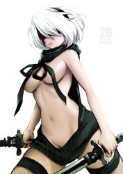 Rule 34 | 1girl, artist name, bare shoulders, black dress, black hairband, black ribbon, black thighhighs, blindfold, breasts, character name, closed mouth, copyright name, covered eyes, cowboy shot, drawstring, dress, dual wielding, groin, hair over eyes, hairband, holding, holding sword, holding weapon, legs apart, lips, medium breasts, meme attire, midriff, mole, mole under mouth, naked sweater, navel, nier (series), nier:automata, no bra, no leotard, no panties, ribbed sweater, ribbon, short hair, simple background, solo, souryu, stomach, sweater, sword, thighhighs, turtleneck, turtleneck sweater, virgin killer sweater, wardrobe error, weapon, white background, white hair, 2b (nier:automata)