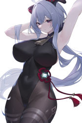 Rule 34 | 1girl, ahoge, alternate breast size, armpits, arms up, bare arms, bell, black leotard, blue hair, bodysuit, bodysuit under clothes, breasts, brown pantyhose, covered navel, flower knot, ganyu (genshin impact), genshin impact, goat horns, highres, horns, kaneko (bblogtinhan), large breasts, leotard, light blue hair, long hair, looking at viewer, neck bell, pantyhose, parted lips, purple eyes, simple background, solo, tassel, thighlet, very long hair, vision (genshin impact), white background