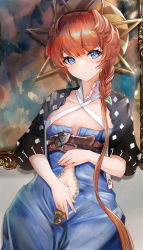 Rule 34 | 1girl, absurdres, blue eyes, blue overalls, braid, breasts, center opening, crown braid, fate/grand order, fate (series), hat, highres, long hair, looking at viewer, navel, orange hair, overalls, puffy sleeves, side braid, small breasts, solo, straw hat, van gogh (fate), yellow hat, yuki haru