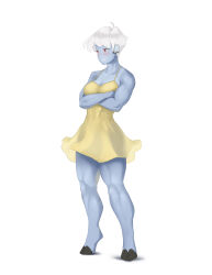 Rule 34 | 1girl, absurdres, ahoge, alien, biceps, blue skin, blush, breasts, cleavage, clenched teeth, colored skin, covered abs, crossed arms, dress, facial scar, full body, headset, highres, hooves, looking away, medium breasts, multiple scars, muscular, muscular female, no bra, no nose, red eyes, robot jones (artist), scar, scar on arm, scar on cheek, scar on face, short hair, solo, spaghetti strap, standing, strap gap, sundress, t&#039;au, teeth, thick thighs, thighs, tiptoes, tomboy, warhammer 40k, white background, white hair, wireless, yellow dress