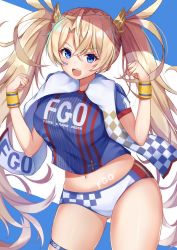 Rule 34 | 1girl, absurdres, blonde hair, blouse, blue eyes, blue shirt, blush, body writing, bradamante (fate), bradamante (festival outfit) (fate), braid, breasts, checkered clothes, checkered panties, clothes writing, crown braid, fate/grand order, fate (series), hair between eyes, heroic spirit festival outfit, highres, large breasts, long hair, looking at viewer, open mouth, panties, rokita, shirt, smile, solo, standing, striped clothes, striped shirt, t-shirt, thigh strap, thighs, twintails, underwear, very long hair, white panties, wristband