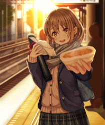 Rule 34 | 1girl, awazake (2wairu), backlighting, bag, blue jacket, blurry, blurry background, brown eyes, brown hair, cardigan, dumpling, food, graduation, green skirt, highres, holding, holding food, incoming food, jacket, long hair, looking at viewer, open clothes, open jacket, open mouth, original, outdoors, pleated skirt, scarf, school bag, school uniform, skirt, smile, solo focus, sunset, tearing up, train station, tree, upper body
