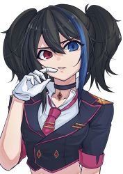 1girl, absurdres, bangs, black hair, blue eyes, blue hair, breasts, choker, collared shirt, death100022, eyebrows visible through hair, gloves, heterochromia, highres, medium breasts, multicolored hair, necktie, neckwear, red eyes, red neckwear, shirt, simple background, solo, stomach, twintails, two side up, uniform, utau, white background, white gloves, white shirt, yokune ruko