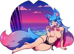 Rule 34 | 1girl, animal ears, barefoot, bikini, blue eyes, blue hair, breasts, deliciousorange, eating, food, gradient hair, multicolored hair, nipples, pink hair, popsicle, silvervale, solo, swimsuit, tail, tongue, topless, two-tone hair, virtual youtuber, vshojo, water, wolf ears, wolf girl, wolf tail