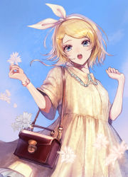 Rule 34 | 1girl, absurdres, bag, blonde hair, blue eyes, blue sky, blurry, blurry foreground, blush, breasts, brown bag, collared dress, commentary, day, dress, flower, frilled dress, frills, hair ornament, hairband, hairclip, handbag, hands up, highres, holding, holding flower, kagamine rin, looking at viewer, medium hair, open mouth, pipi, ribbon, short sleeves, shoulder bag, sky, small breasts, solo, swept bangs, vocaloid, watch, white flower, white ribbon, wristwatch, yellow dress