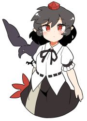 Rule 34 | 1girl, bird, black hair, black skirt, blouse, closed mouth, cropped legs, crow, hand fan, hat, hauchiwa, ini (inunabe00), leaf print, looking at viewer, pointy ears, red eyes, red hat, shameimaru aya, shirt, short hair, short sleeves, simple background, skirt, tokin hat, touhou, white background, white shirt