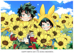 Rule 34 | 2boys, aged down, belt, birthday, blue sky, blurry, blurry background, blush, bodysuit, boku no hero academia, border, cape, character name, closed mouth, cloud, commentary, diffraction spikes, dot nose, english commentary, field, flower, flower field, freckles, gloves, grass, green bodysuit, green eyes, green hair, happy birthday, highres, looking at viewer, midoriya izuku, mixed-language commentary, multiple boys, hugging object, onesie, otogino31, sky, smile, sparkle, split mouth, straight-on, sunflower, sunflower field, teeth, timestamp, twitter username, utility belt, white border, white gloves, yellow cape