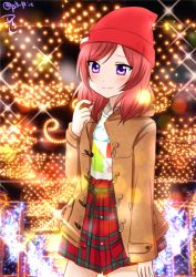 Rule 34 | 10s, 1girl, beanie, coat, cowboy shot, hat, jacket, light, lights, long sleeves, looking at viewer, love live!, love live! school idol festival, love live! school idol project, night, nishikino maki, open clothes, open jacket, outdoors, plaid, plaid skirt, purple eyes, red hair, red skirt, ric. (marchen mozuku), skirt, smile, solo, sparkle, standing, twitter username, unbuttoned, winter clothes, winter coat