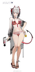 Rule 34 | 1girl, alternate costume, anklet, antenna hair, arknights, bare legs, bikini, black hair, blunt bangs, breasts, bright pupils, choker, collarbone, flip-flops, full body, gradient hair, hand on own hip, highres, holding, horns, jacket, jewelry, liduke, looking at viewer, medium breasts, multicolored hair, nail polish, open mouth, red bikini, red eyes, red nails, sandals, see-through, short hair, short hair with long locks, sidelocks, silver hair, simple background, solo, standing, streaked hair, swimsuit, tail, thigh gap, thighs, toenail polish, toenails, w (arknights), weibo watermark, white background, white pupils