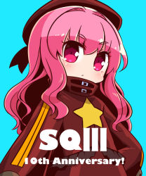 Rule 34 | 1girl, anniversary, beret, blue background, blush, brown hat, brown jacket, character request, closed mouth, commentary request, copyright name, etrian odyssey, frilled jacket, frills, hair between eyes, hand on own hip, hat, highres, jacket, long hair, long sleeves, naga u, pink hair, purple eyes, sekaiju no meikyuu, sekaiju no meikyuu 3, simple background, solo, star (symbol), upper body