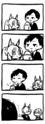Rule 34 | 4koma, :3, puff of air, = =, ahoge, angela (project moon), animal ears, closed eyes, closed mouth, collared shirt, comic, commentary request, dog ears, eating, greyscale, harvest fes, highres, jacket, librarian (project moon), library of ruina, long hair, long sleeves, monochrome, necktie, no nose, open mouth, pointing, ponytail, project moon, roland (project moon), shirt, short hair, silent comic, sketch, sweat