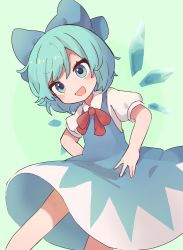 Rule 34 | 1girl, :d, ameshi (rzuw4482), bare legs, blue bow, blue dress, blue eyes, blue hair, blush, bow, cirno, commentary request, dress, feet out of frame, flat chest, green background, hair bow, hand on own hip, highres, ice, ice wings, looking at viewer, open mouth, puffy short sleeves, puffy sleeves, red neckwear, shirt, short hair, short sleeves, smile, solo, swept bangs, touhou, two-tone background, v-shaped eyebrows, white shirt, wings