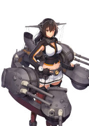 Rule 34 | 10s, 1girl, alternate hair length, alternate hairstyle, armpit cutout, black hair, breasts, cannon, clenched hands, clothing cutout, female focus, hand on own hip, kantai collection, large breasts, long hair, long sleeves, looking at viewer, machinery, midriff, miniskirt, nagato (kancolle), navel, official art, pleated skirt, red eyes, red thighhighs, rigging, shizuma yoshinori, simple background, skirt, smile, smokestack, solo, thighhighs, turret, watch, white background, aged down, zettai ryouiki