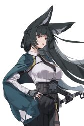 Rule 34 | 1girl, absurdres, animal ears, black gloves, black hair, black pantyhose, blunt bangs, braid, breasts, commentary, english commentary, fingerless gloves, fox ears, frown, gloves, gya rb, hand on own hip, highres, holding, holding sword, holding weapon, hoshimi miyabi, katana, large breasts, long hair, necktie, open mouth, pantyhose, pleated skirt, red eyes, sheath, sheathed, simple background, skirt, solo, sword, teeth, variant set, weapon, white background, zenless zone zero