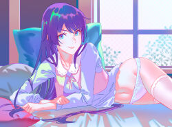 Rule 34 | 1girl, arm support, bakemonogatari, blue eyes, blue shirt, blush, breasts, collar, commentary request, eyelashes, feet out of frame, frilled thighhighs, frills, indoors, lace trim, long hair, long sleeves, looking at viewer, lying, medium breasts, midriff, monogatari (series), navel, no pants, on side, panties, parted bangs, pillow, pink vest, purple hair, rapa rachi, revision, ribbon panties, senjougahara hitagi, shadow, shirt, smile, solo, thighhighs, underwear, very long hair, vest, white collar, white thighhighs, window