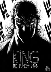 Rule 34 | 1boy, artist name, bags under eyes, character name, copyright name, eye focus, greyscale, hair slicked back, high contrast, highres, king (one-punch man), looking at viewer, male focus, manly, medium hair, monochrome, one-punch man, scar, scar across eye, scar on face, serious, shaded face, solo, sound effects, the golden smurf, upper body, v-shaped eyebrows