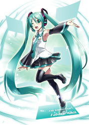 Rule 34 | 1girl, absurdres, armpits, boots, caffein, character name, detached sleeves, green eyes, green hair, hatsune miku, hatsune miku (vocaloid3), headset, highres, long hair, matching hair/eyes, necktie, one eye closed, open mouth, outstretched arm, skirt, solo, thigh boots, thighhighs, twintails, very long hair, vocaloid