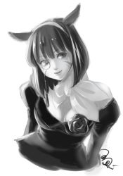 Rule 34 | 10s, 1girl, animal ears, bad id, bad twitter id, bow, bowtie, breasts, cat ears, cleavage, facial mark, final fantasy, final fantasy xiv, greyscale, hachi ell, hairband, long sleeves, miqo&#039;te, monochrome, monocle, nashu mhakaracca, parted lips, puffy long sleeves, puffy sleeves, short hair, simple background, solo, upper body, white background