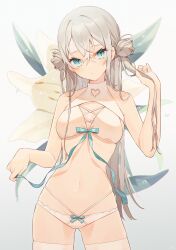 Rule 34 | 1girl, absurdres, bare arms, bare shoulders, blue eyes, blue ribbon, bow, bow panties, breasts, closed mouth, clothing cutout, commentary, cowboy shot, double bun, english commentary, floral background, flower, grey background, grey hair, hair between eyes, hair bun, hand up, head tilt, heart cutout, highres, holding, holding hair, long hair, looking at viewer, minasenagi, mixed-language commentary, navel, original, panties, ribbon, small breasts, solo, standing, thighhighs, underwear, very long hair, white flower, white panties, white thighhighs