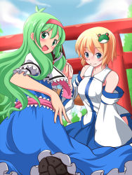 Rule 34 | 2girls, alice margatroid, alice margatroid (cosplay), antenna hair, aodu fumiyoshi, blonde hair, blue eyes, blush, capelet, cosplay, costume switch, detached sleeves, female focus, frills, frog, green eyes, green hair, hair ornament, hairband, holding hands, kochiya sanae, kochiya sanae (cosplay), long hair, long skirt, multiple girls, open mouth, sash, short hair, short sleeves, skirt, smile, touhou, very long hair, wide sleeves